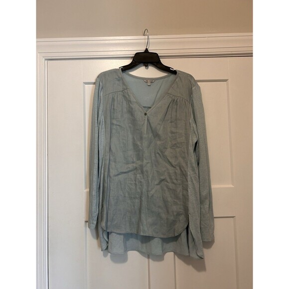 Nic & Zoe Long Sleeve Tunic Henley Light Blue Green Linen Classic Preppy Coastal - Picture 1 of 4